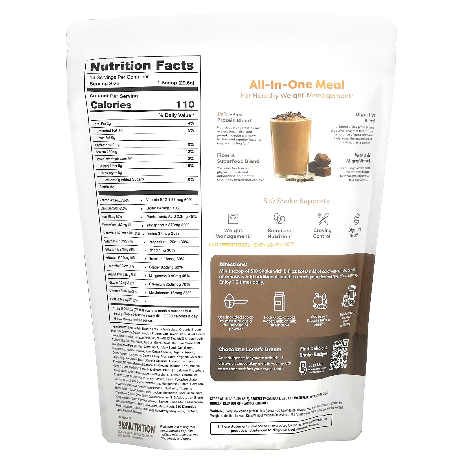 310 Nutrition, All-In-One Meal Shake, Chocolate Bliss, 14.6 oz (414.4 g)1