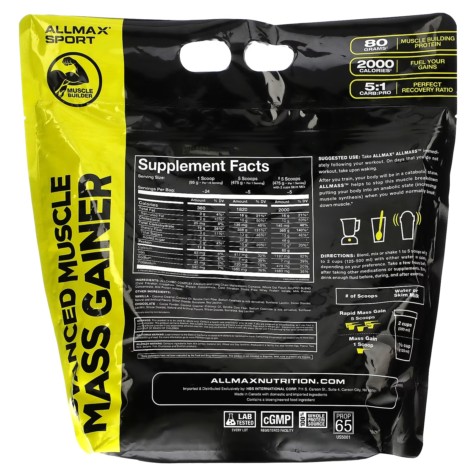 ALLMAX, Sport, All Mass, Advanced Muscle Gainer, Chocolate, 5 lbs, 2.27 kg (80 oz)1