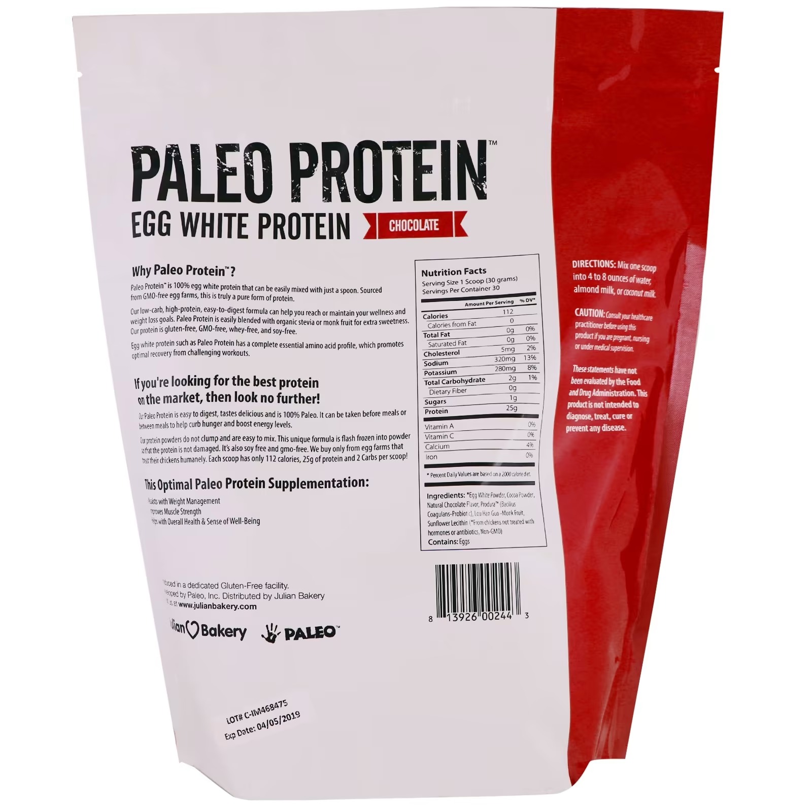 Julian Bakery, Paleo Protein, Egg White Protein, Chocolate, 2 lbs (907 g)_1