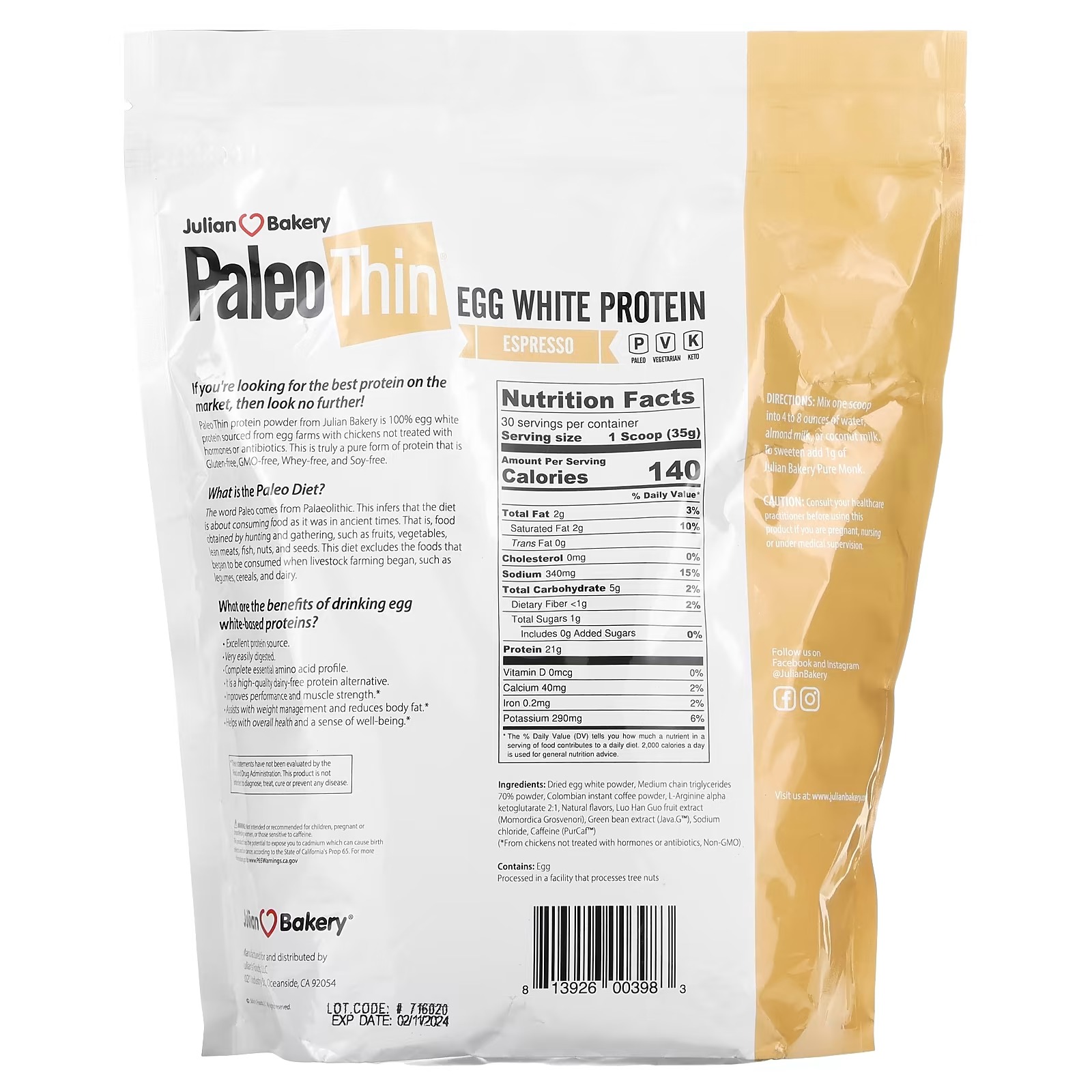 Julian Bakery, Paleo Thin, Egg White Protein, Espresso, 2.31 lbs (1,050 g)_1
