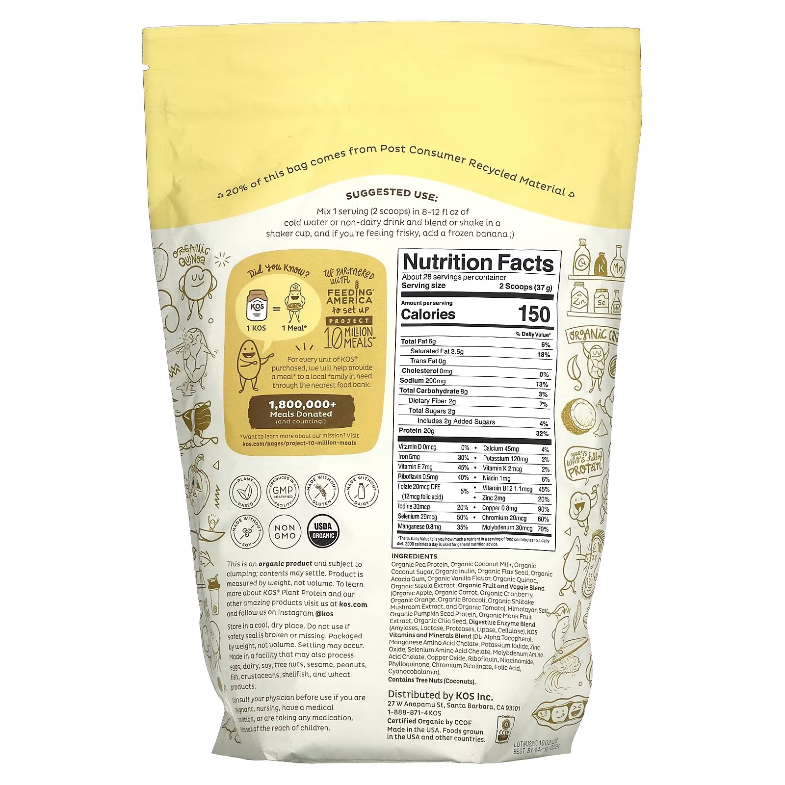 KOS, Organic Plant Protein, Vanilla, 2.3 lb (1,036 g)1