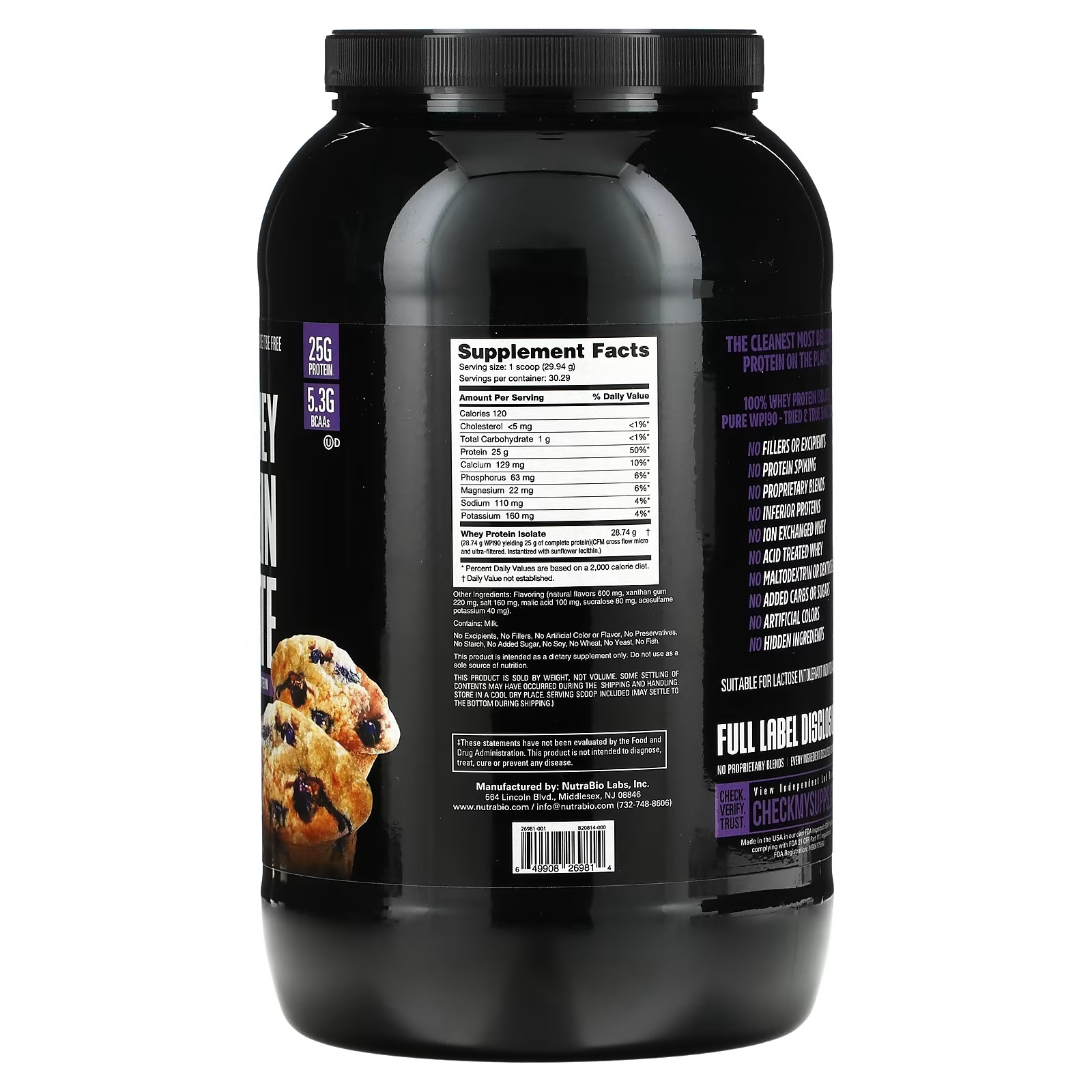 Nutrabio Labs, 100% Whey Protein Isolate, Blueberry Muffin, 2 lb (907 g)_1
