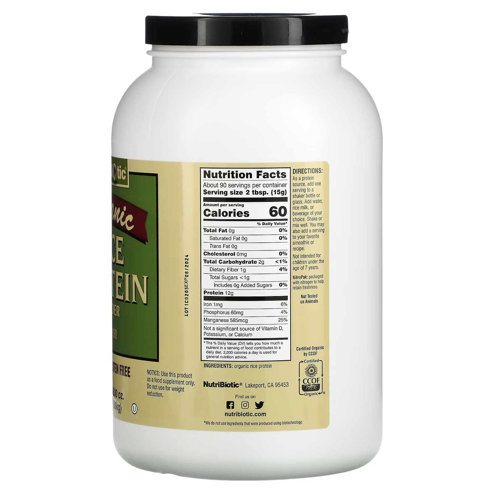 NutriBiotic, Organic Rice Protein Powder, Plain, 3 lbs (1.36 kg)1