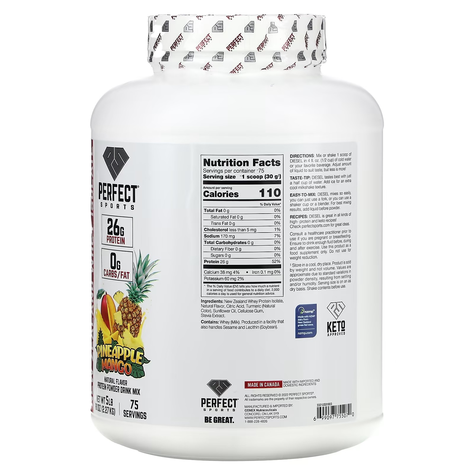Perfect Sports, Diesel, New Zealand Whey Isolate, Pineapple Mango, 5 lb (2.27 kg)_1